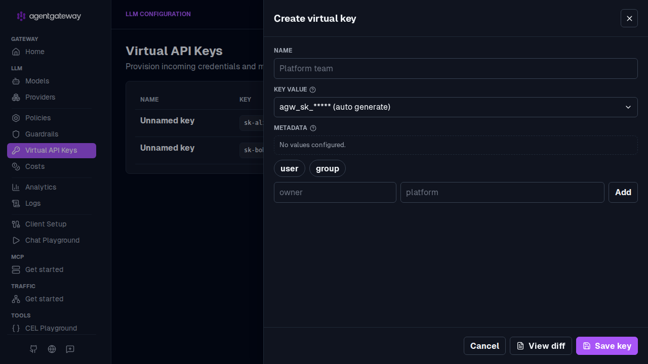 Create virtual key drawer with name, auto-generated key value, and metadata